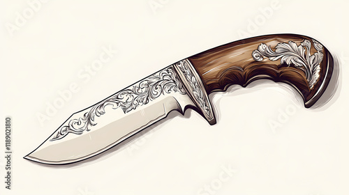 Ornate hunting knife: exquisite hand-engraved blade detail ai generated. Blazewood. Illustration photo