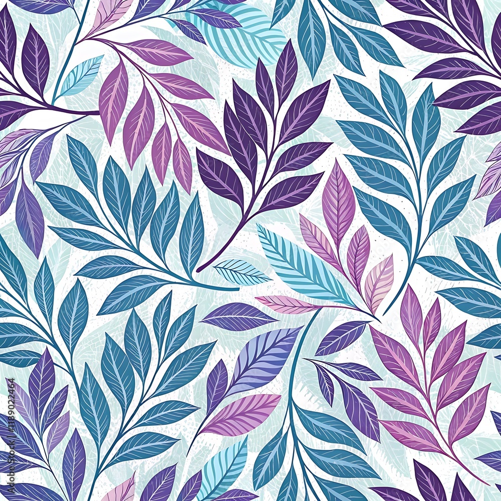 Intricate seamless pattern with purple and blue leaves, A seamless pattern featuring intricate purple and blue leaves in elegant swirls, set on a white background, ideal for decorative and nature-insp Intricate seamless pattern with purple and blue leaves, A seamless pattern featuring intricate purple and blue leaves in elegant swirls, set on a white background, ideal for decorative and nature-insp