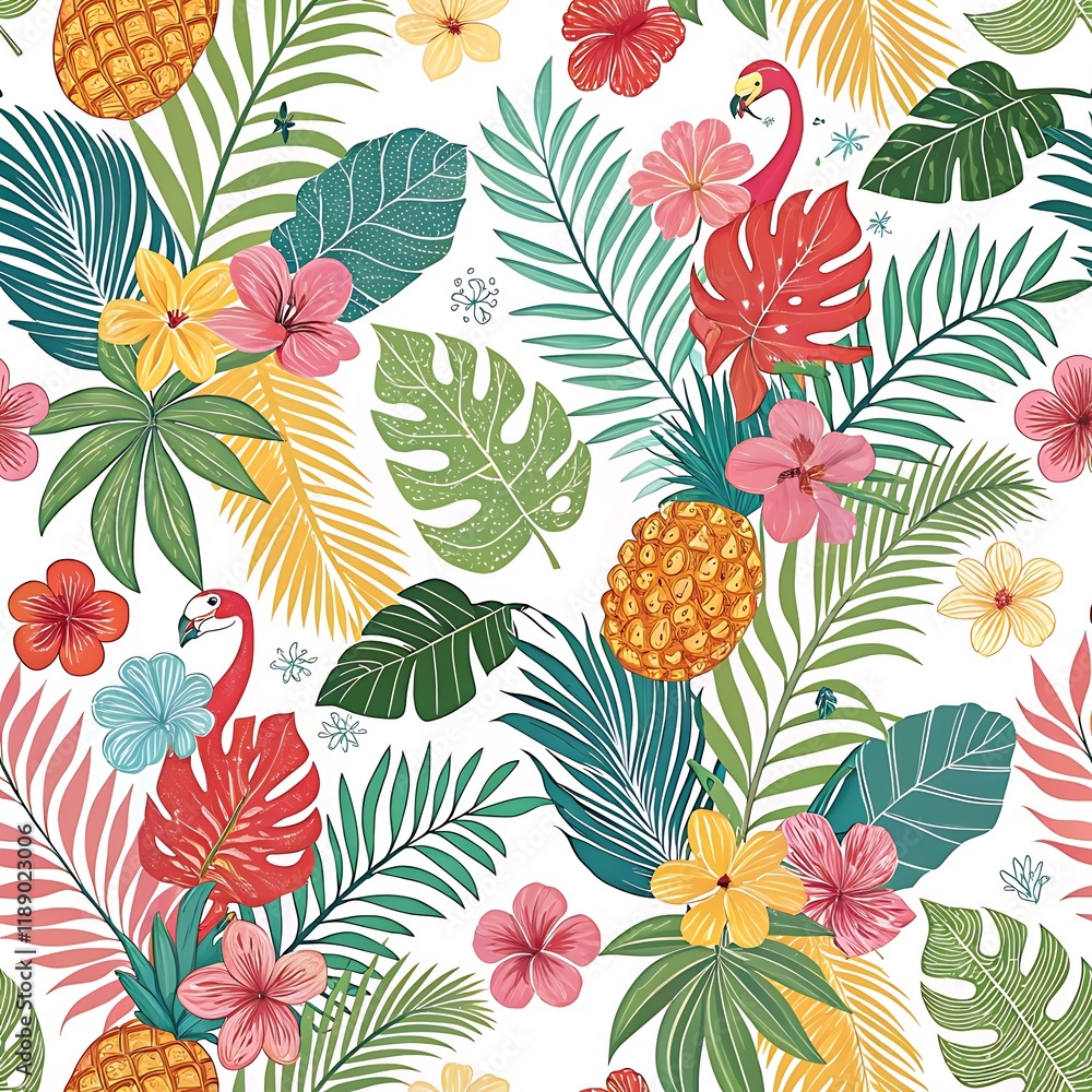 Colorful tropical seamless pattern with flamingos, A vibrant seamless tropical pattern featuring flamingos, pineapples, hibiscus flowers, and lush palm leaves on a light background, ideal for exotic d Colorful tropical seamless pattern with flamingos, A vibrant seamless tropical pattern featuring flamingos, pineapples, hibiscus flowers, and lush palm leaves on a light background, ideal for exotic d