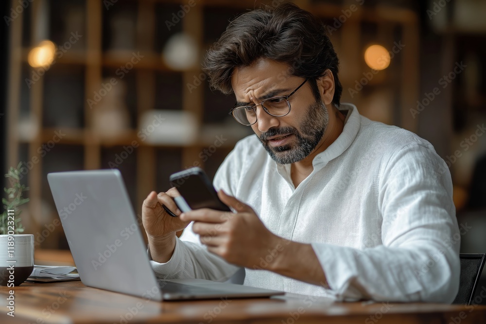 Indian man looks worried using phone, laptop in office. Sits at desk indoors. Expression shows stress problem. Wears white shirt. Appears confused annoyed by something on phone. Likely employee Indian man looks worried using phone, laptop in office. Sits at desk indoors. Expression shows stress problem. Wears white shirt. Appears confused annoyed by something on phone. Likely employee