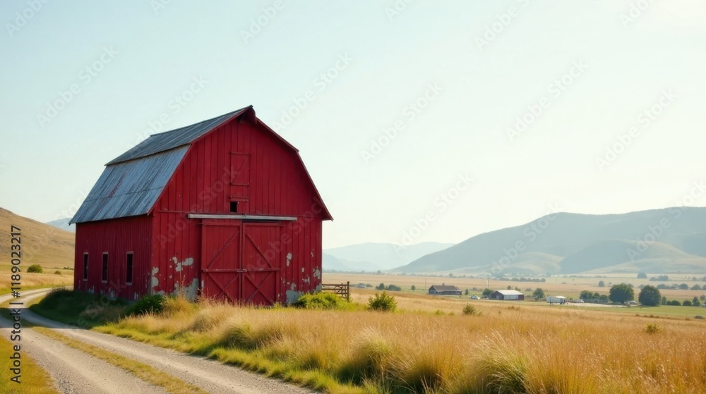 Rustic Red Barn on a Country Road with Rolling Hills in the Distance Rustic Red Barn on a Country Road with Rolling Hills in the Distance
