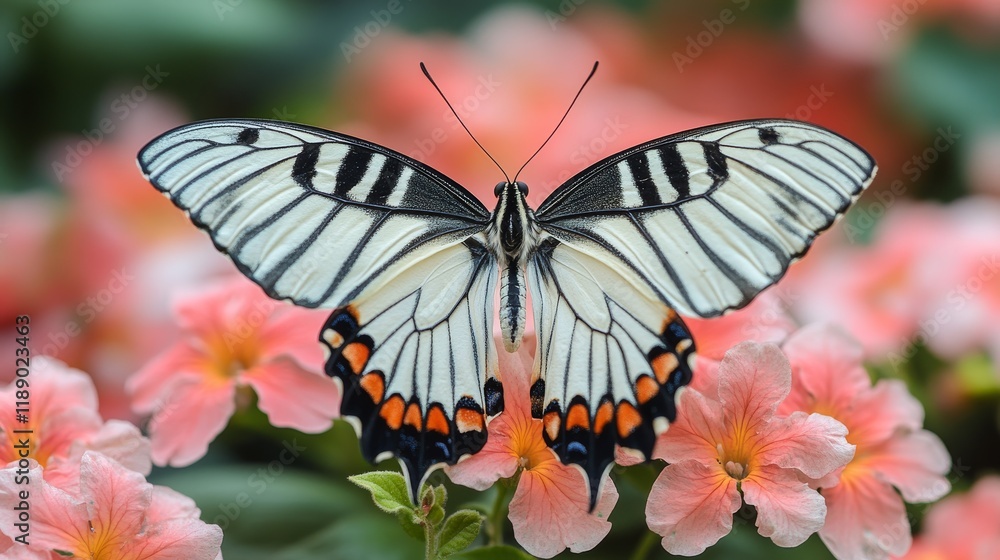 Delicate Butterfly Resting on Pink Flowers its wings open with detailed patterns visible against a blurred background Delicate Butterfly Resting on Pink Flowers its wings open with detailed patterns visible against a blurred background