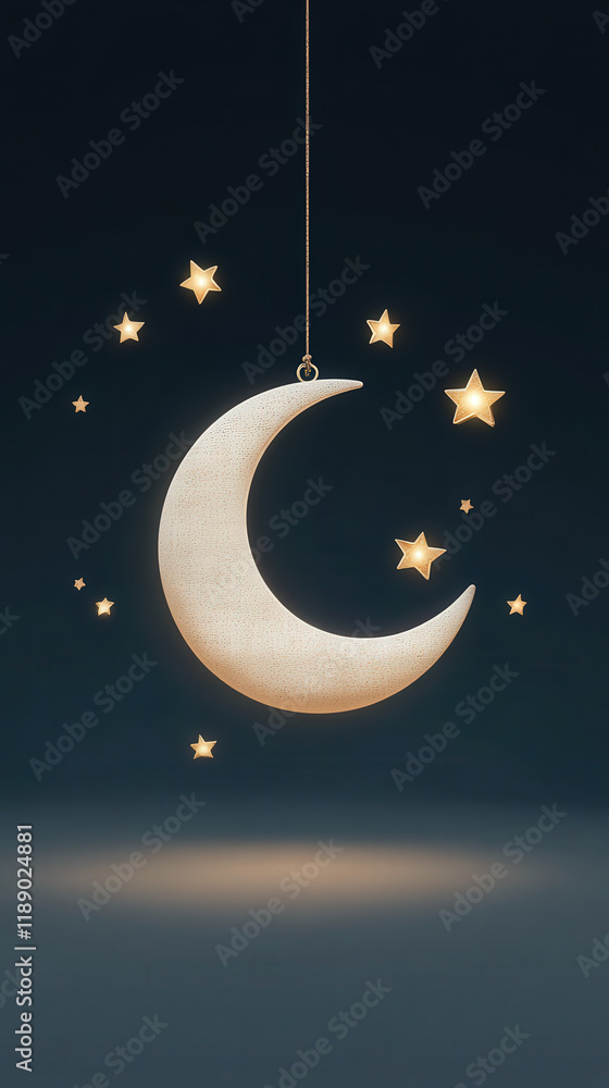 Naklejka premium A delicate crescent moon hangs gracefully surrounded by glowing stars in the night sky
