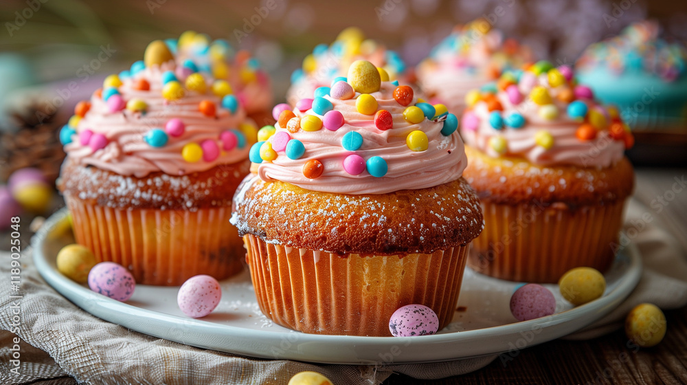 Easter cupcakes with pink frosting and colorful candy sprinkles Easter cupcakes with pink frosting and colorful candy sprinkles