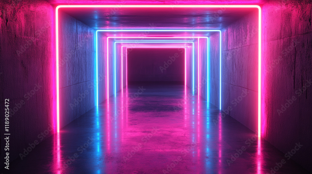 Neon lit tunnel with vibrant pink and blue lights Neon lit tunnel with vibrant pink and blue lights