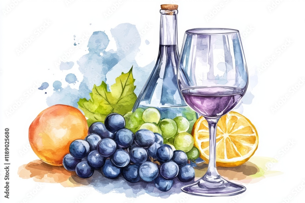 Illustration of a wine setup featuring assorted fruits and a bottle of wine with a glass showcasing rich purple wine, highlighting the art of winemaking and the beauty of vineyard produce Illustration of a wine setup featuring assorted fruits and a bottle of wine with a glass showcasing rich purple wine, highlighting the art of winemaking and the beauty of vineyard produce