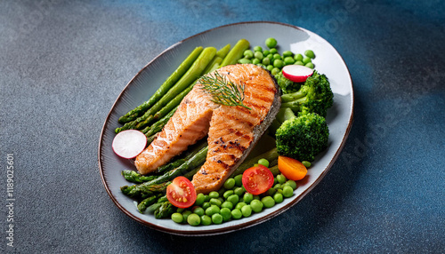 roasted salmon steak with asparagos broccoli carrot tomatoes radish inexperienced beans and peas fish meal with fresh vegetable photo