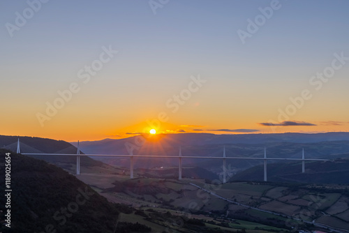 Multi-span cable stayed Millau Viaduct across gorge valley of Tarn River, Aveyron Departement, France