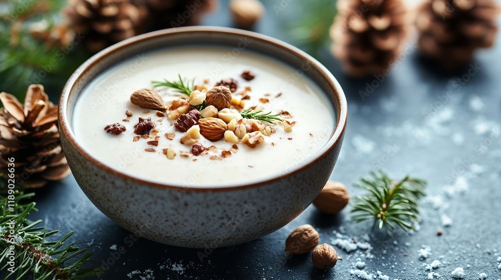 Festive bowl of creamy soup decorated with nuts Festive bowl of creamy soup decorated with nuts