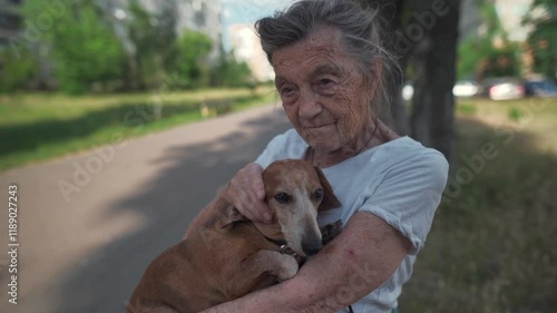 Senior 90-year-old woman with gray hair and deep wrinkles sits outdoors In assisted living facility on bench with small dachshund dog. Old female hugs and cuddles pet in the park on a bench. photo