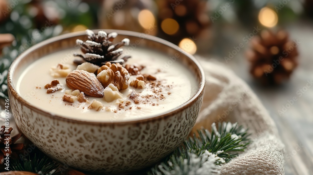 Festive bowl of creamy soup decorated with nuts Festive bowl of creamy soup decorated with nuts
