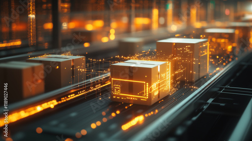 Digital logistics: boxes with futuristic data visualizations moving on a high-tech conveyor system.