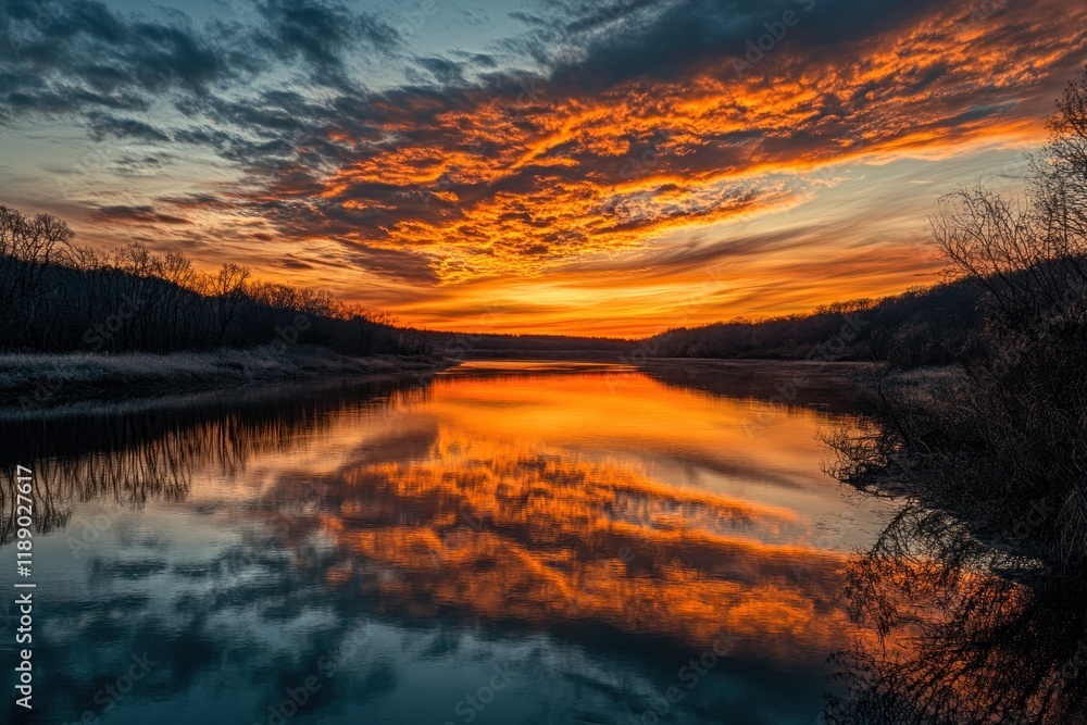 Fiery Sunset Reflecting on Calm River Water Fiery Sunset Reflecting on Calm River Water
