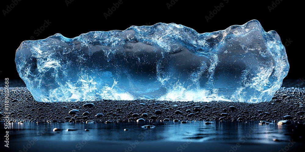 Blue ice chunk on dark wet pebbles, reflection. Cool background Blue ice chunk on dark wet pebbles, reflection. Cool background