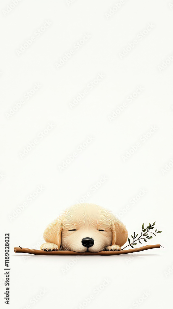 Fototapeta premium Small puppy appears relaxed while chewing on a stick, showcasing delightful character and charm