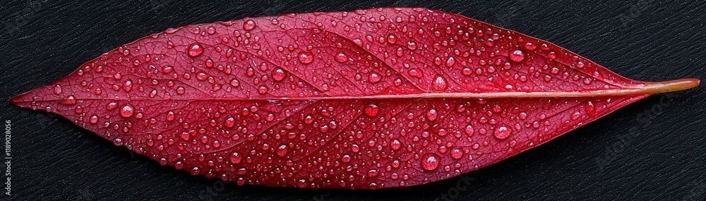 Fototapeta premium Close-Up of a Red Leaf with Water Drops on a Dark Background, Capturing Nature's Beauty