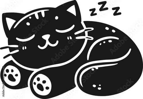 Cute Black Cat Sleeping, Cartoon Style