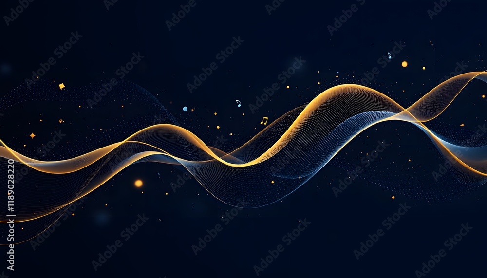 Abstract golden waves flowing through the dark night, creating a dynamic rhythm - signifies energy and motion - suitable for music events, technology promos, and presentations Abstract golden waves flowing through the dark night, creating a dynamic rhythm - signifies energy and motion - suitable for music events, technology promos, and presentations