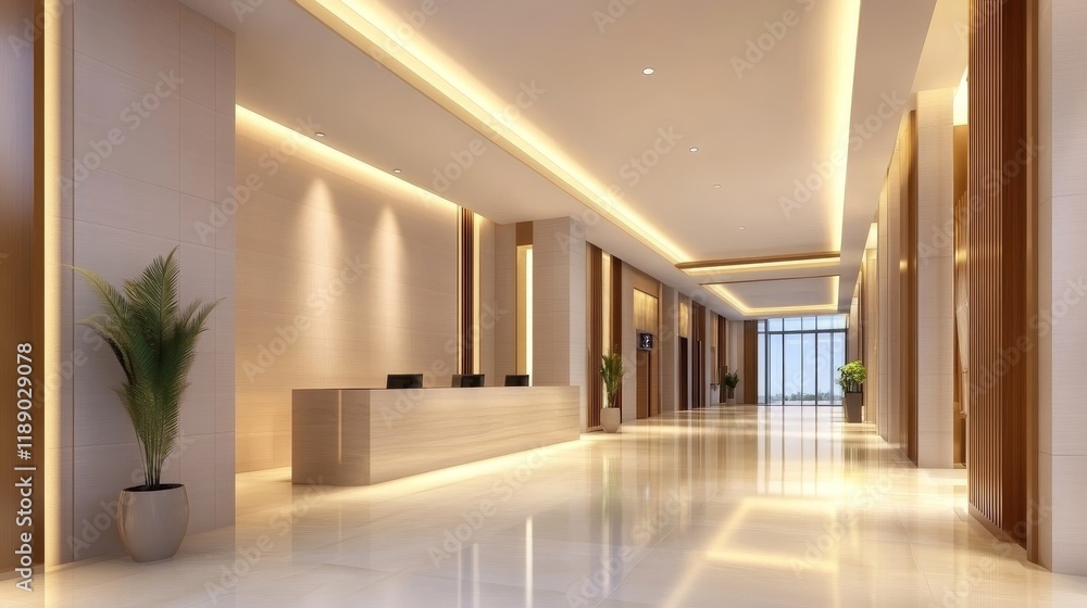 Obraz premium Modern hotel lobby with sleek design, warm lighting, and reception area.