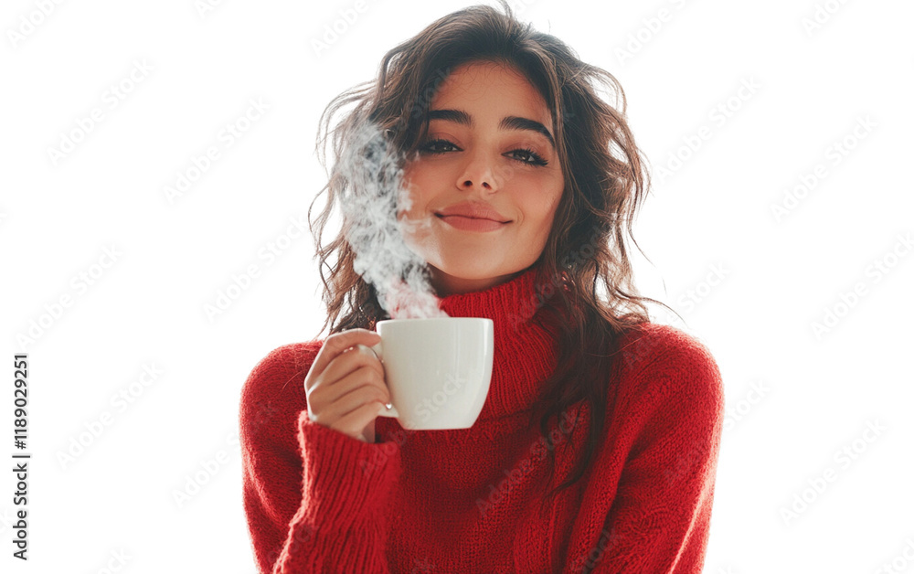 Cheerful woman in a red sweater holding a steaming cup of coffee, looking relaxed and content, set against a clean white background.

