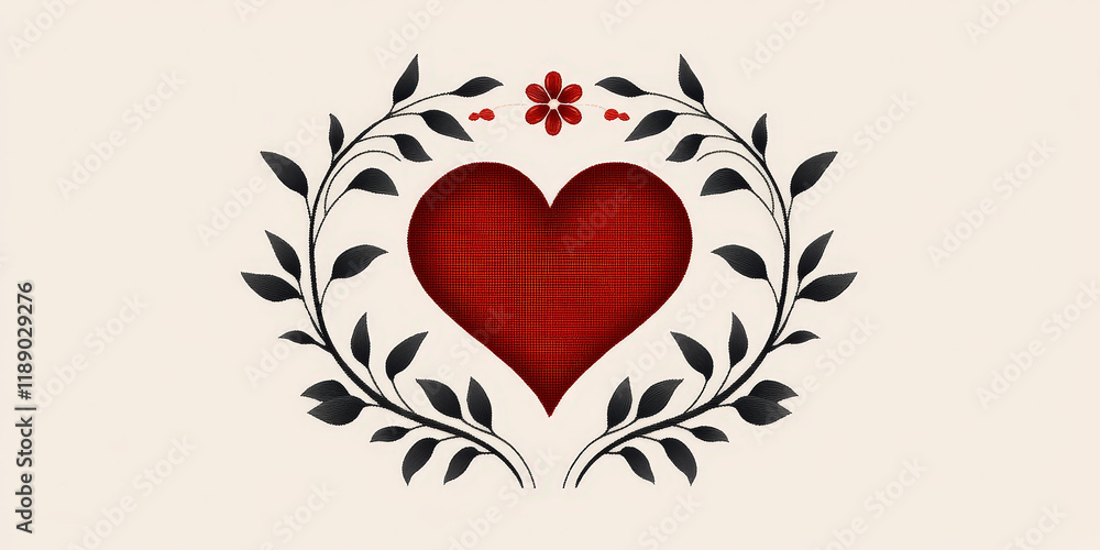 This artwork features a red heart amidst elegant floral vines on a beige background This artwork features a red heart amidst elegant floral vines on a beige background