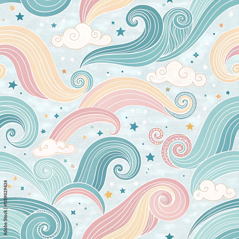 Pastel waves and clouds seamless pattern, Seamless pattern featuring swirling pastel waves, fluffy clouds, and scattered stars on a soft blue background for a whimsical, airy design.
Pastel waves and clouds seamless pattern, Seamless pattern featuring swirling pastel waves, fluffy clouds, and scattered stars on a soft blue background for a whimsical, airy design.