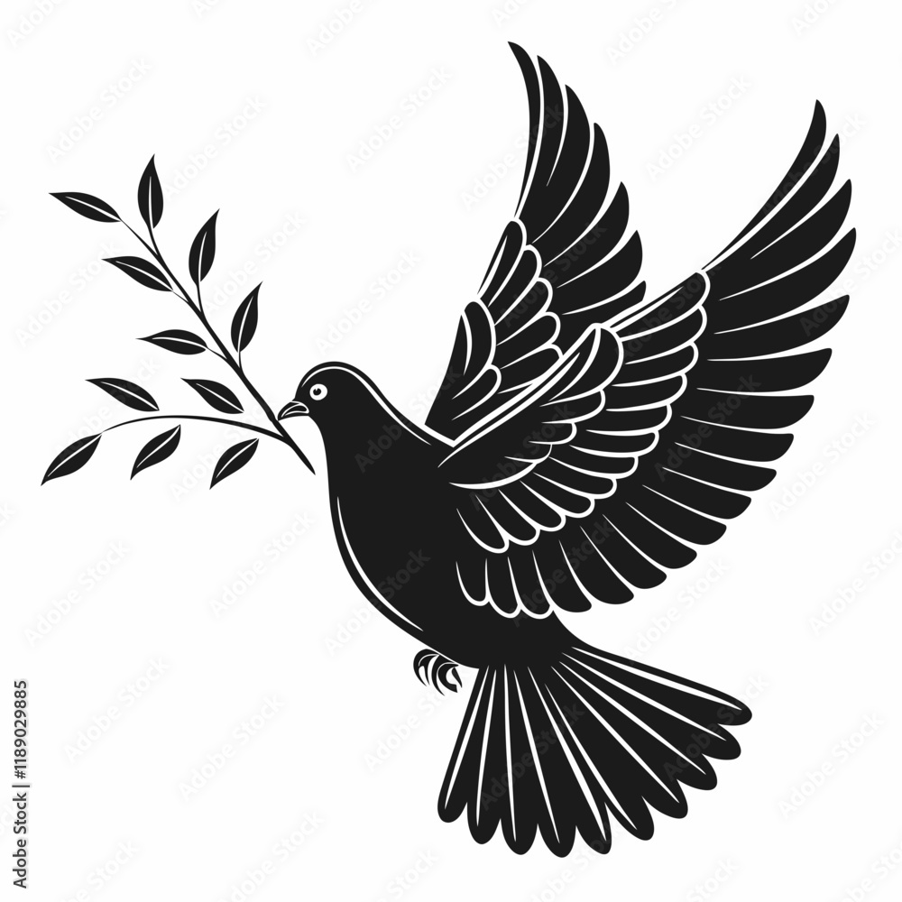 Obraz premium Dove with olive branch vector Black silhouette on a white background