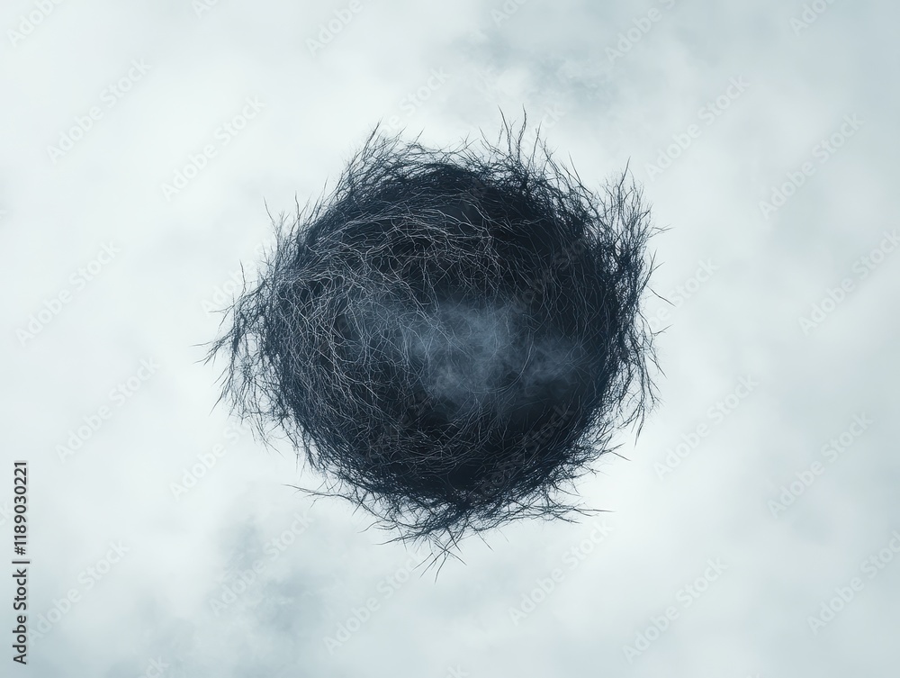 Fototapeta premium Mysterious Avian Nest Against a Cloudy Sky: A Surreal and Atmospheric Image