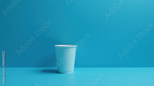 A single empty white paper cup on a vibrant blue surface
