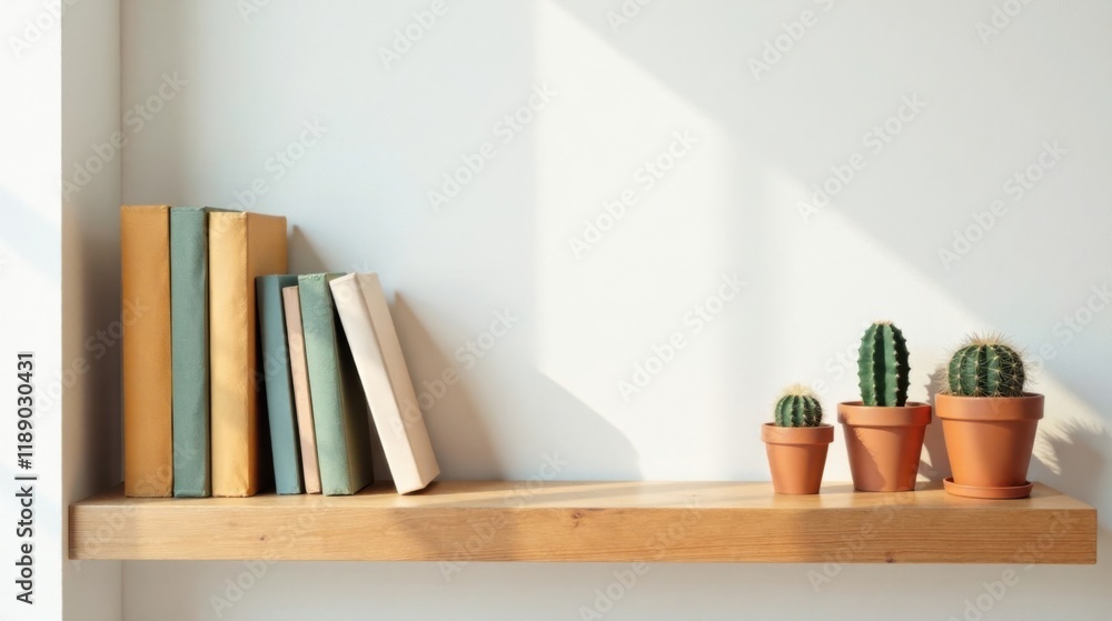 Fototapeta premium Sunlit Shelf with Books and Cacti in Earthy Tones