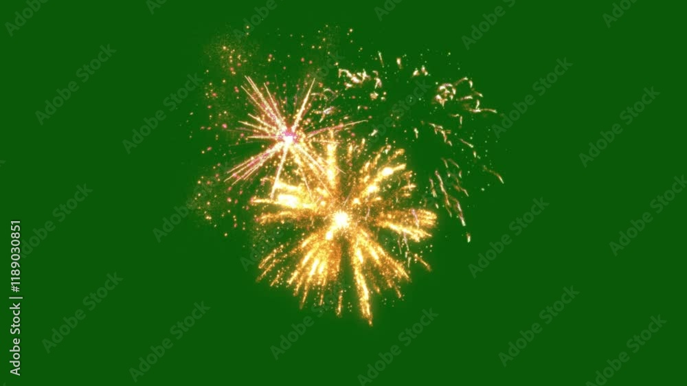 4K fireworks celebration with seamless real fireworks green screen background. Abstract colorful golden glowing fireworks show with bokeh light in the night sky.