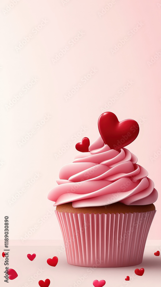 Pink cupcake with heart decoration and stylish design features a festive vibe for Valentine's Day Pink cupcake with heart decoration and stylish design features a festive vibe for Valentine's Day