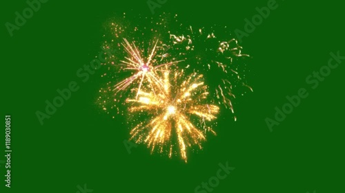 4K fireworks celebration with seamless real fireworks green screen background. Abstract colorful golden glowing fireworks show with bokeh light in the night sky.