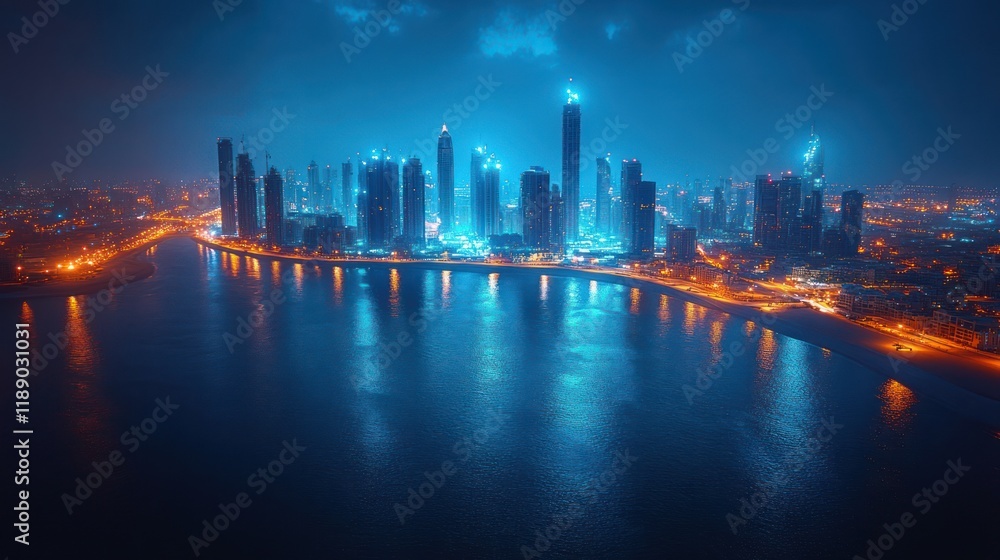 Obraz premium Night cityscape, modern skyscrapers, illuminated buildings reflected in water.