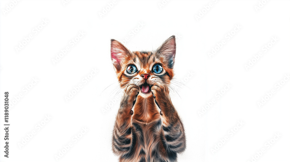 Cat with wow face holding hands near its cheeks. Advertising poster of sale or discount. Watercolor painting, isolated on white background