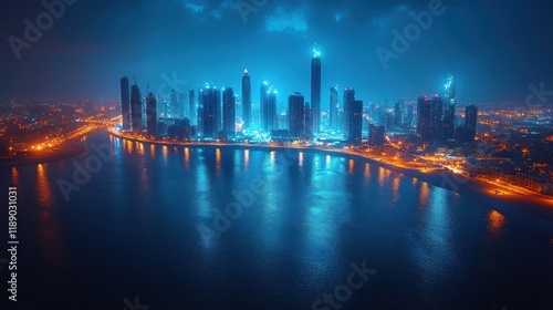 Wallpaper Mural Night cityscape, modern skyscrapers, illuminated buildings reflected in water. Torontodigital.ca