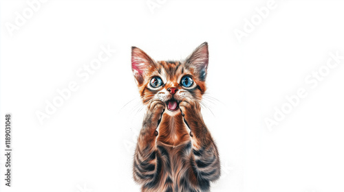 Obraz na płótnie Cat with wow face holding hands near its cheeks. Advertising poster of sale or discount. Watercolor painting, isolated on white background w salonie