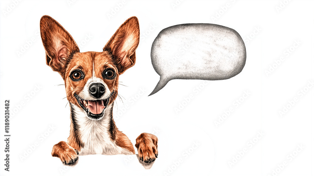 Dog with open mouth and thought bubble, design for for messages or quotes, isolated on white background