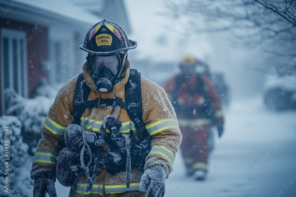 Naklejka premium a fireman wearing a fire helmet and breathing in the snow with another fireman in the background wearing a fireman's gear