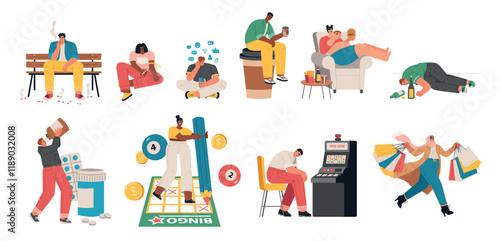 Addicted characters. Alcoholism, smoking and various drugs, people with harmful habits, psychological and physical dependence, vector set
