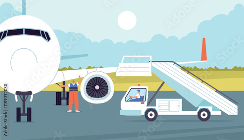 Airport workers. Aircraft maintenance, semaphore operator and ladder driver, ramp supply, passenger transport aviation, vector illustration