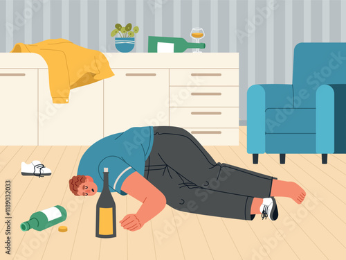 Alcoholism. Drunk man lying on room floor, bad habit, alone depressed guy, harmful destructive addiction, empty bottles, vector illustration