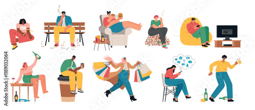 Bad habits of people. Addicted characters, psychological and physical addictions, alcohol, gambling, gluttony and smoking, vector set