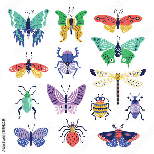 Bright colored butterflies and insects. Cartoon trendy bugs and beetles, funny little inhabitants of nature, flying and crawling, vector set