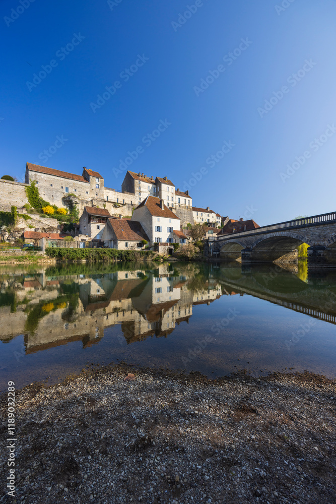Typical small town Pesmes with river L Orgon, Haute-Saone, France Typical small town Pesmes with river L Orgon, Haute-Saone, France