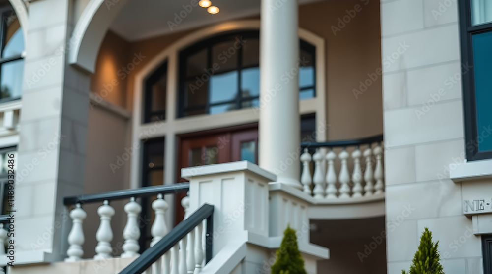 Fototapeta premium Luxury House Exterior: Modern Architecture, Elegant Design, and Grand Entrance. This stunning property boasts a beautiful facade, classic columns, and a spacious balcony. A true dream home!