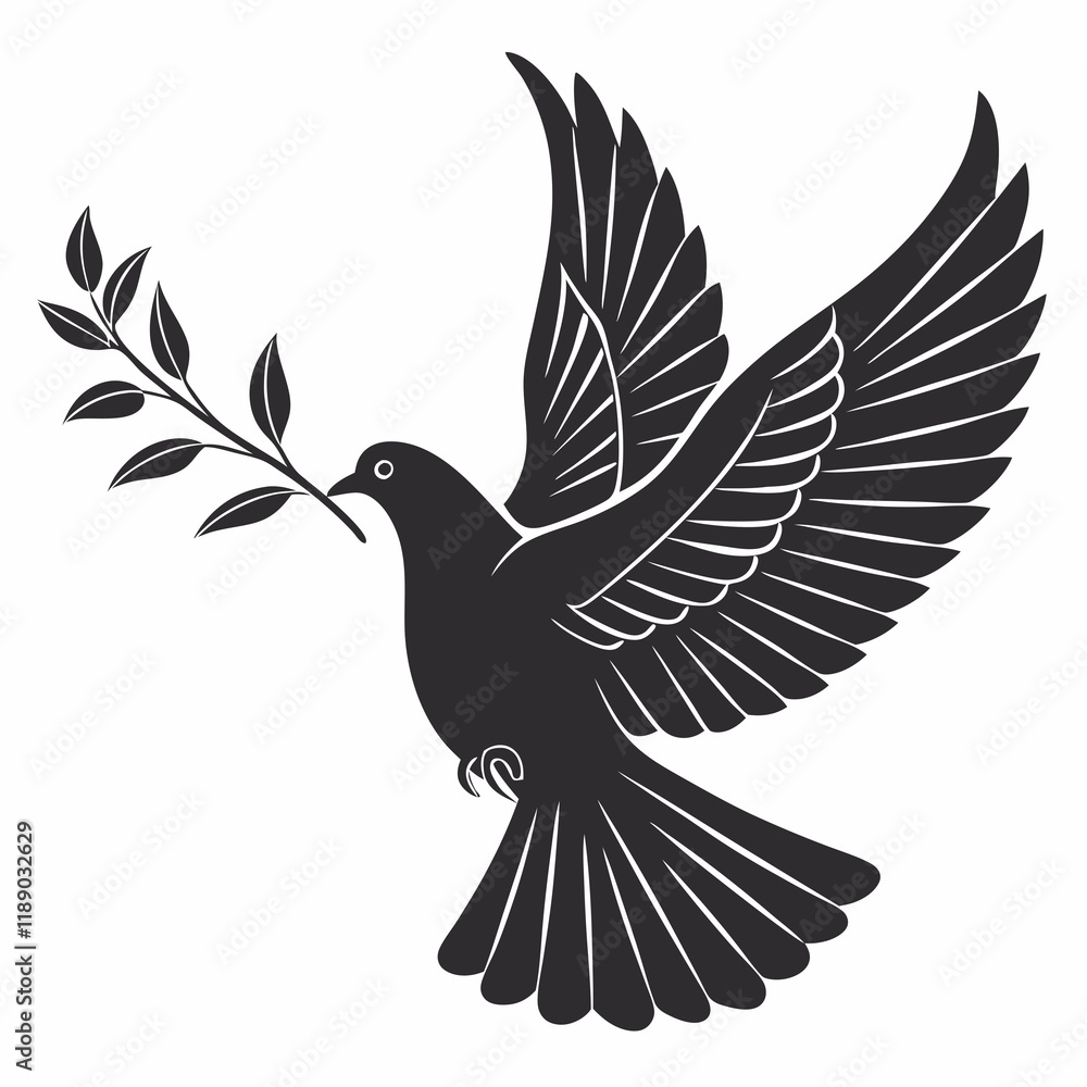 Fototapeta premium Dove with olive branch vector Black silhouette on a white background