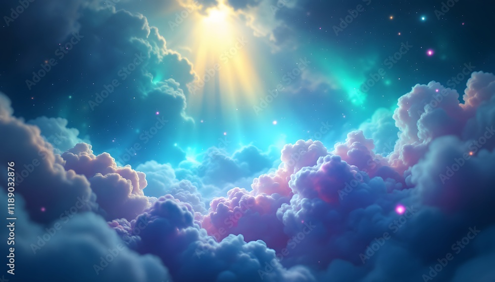 Ethereal cloudscape with bioluminescent elements, conveying hope and tranquility, suitable for spiritual events, digital art, or inspirational media projects. Ethereal cloudscape with bioluminescent elements, conveying hope and tranquility, suitable for spiritual events, digital art, or inspirational media projects.
