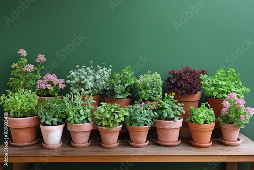 A stylish indoor garden with potted plants in various sizes and shapes, arranged on wooden tables against an emerald green wall, creates a fresh and inviting atmosphere for home decor photography