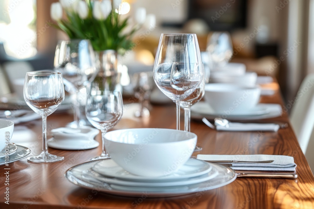 Elegant Table Setting With White Dishes And Wine Glasses Elegant Table Setting With White Dishes And Wine Glasses
